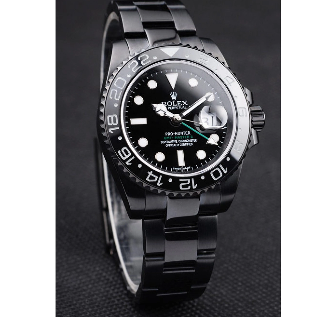 Aaa replica watch Pro-Hunter Swiss Dial Rolex Black Steel II GMT Black Master Strap 0608